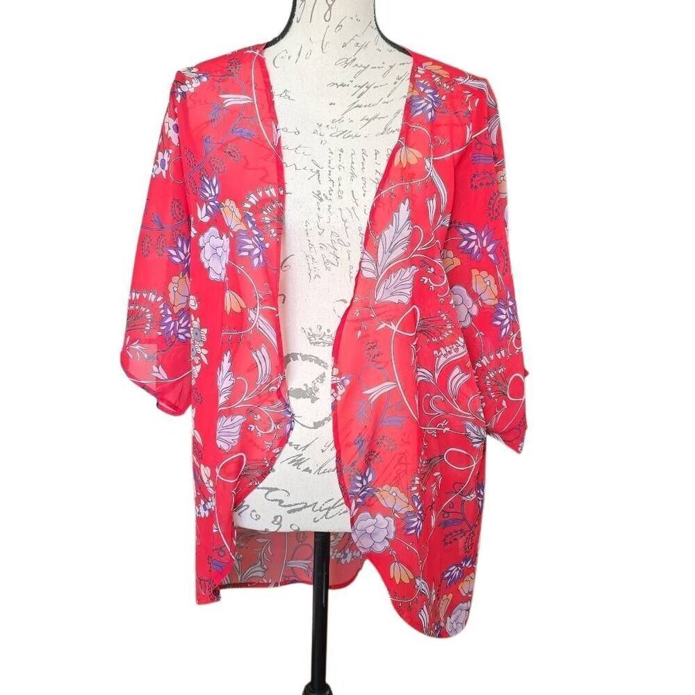 Red Orange Women's Size Medium Paisley Floral Sheer Kimono Top